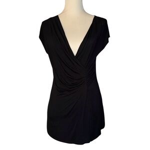 Women’s Black Wrap Top Size S  V-Neck Pullover Ruching Cap Sleeves